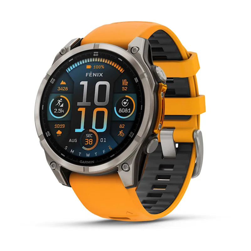 Garmin Fenix 8 – Smartwatch – 47 mm, 1,4" AMOLED, GPS, Saphirglas, 100 m, Silber, Orange Sportarmband