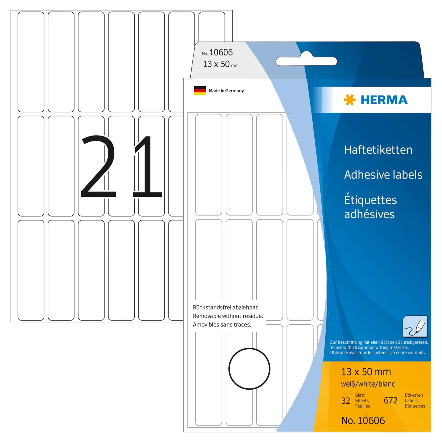 HERMA Schuletiketten – 13 × 50 mm, Abgerundete Ecken, 504 Stk, 24 Bogen, Papier, Ablösbar