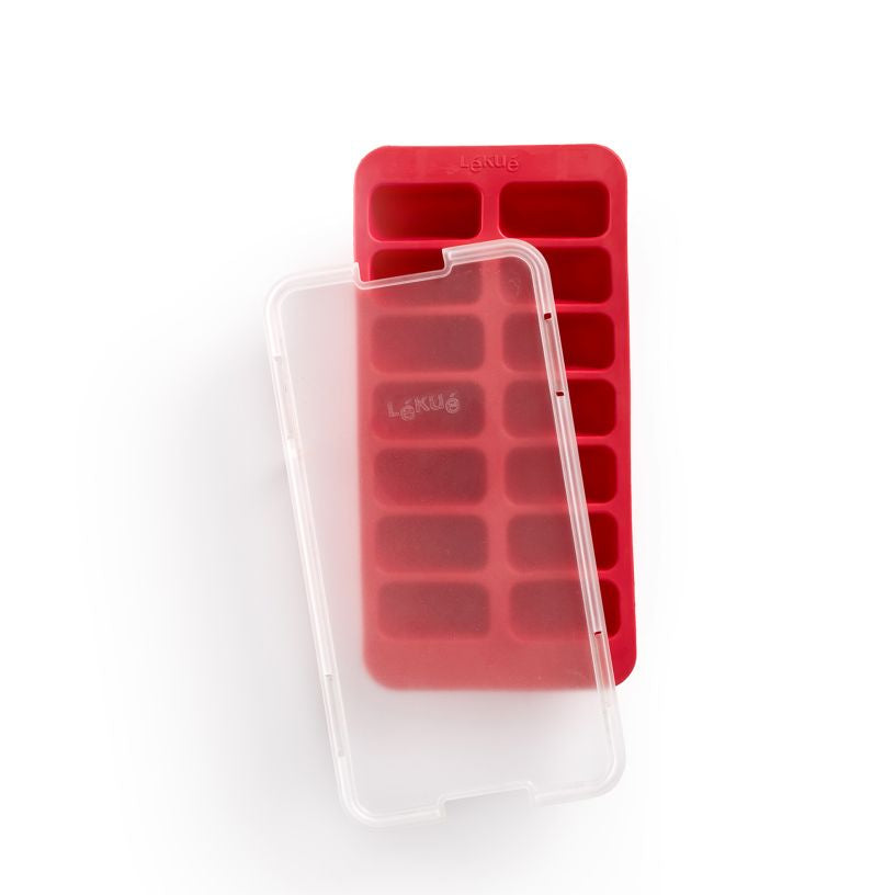 Lékué Eiswürfelform – 23 × 12 × 3,2 cm, Kunststoff (SBS), Rot, mit Deckel