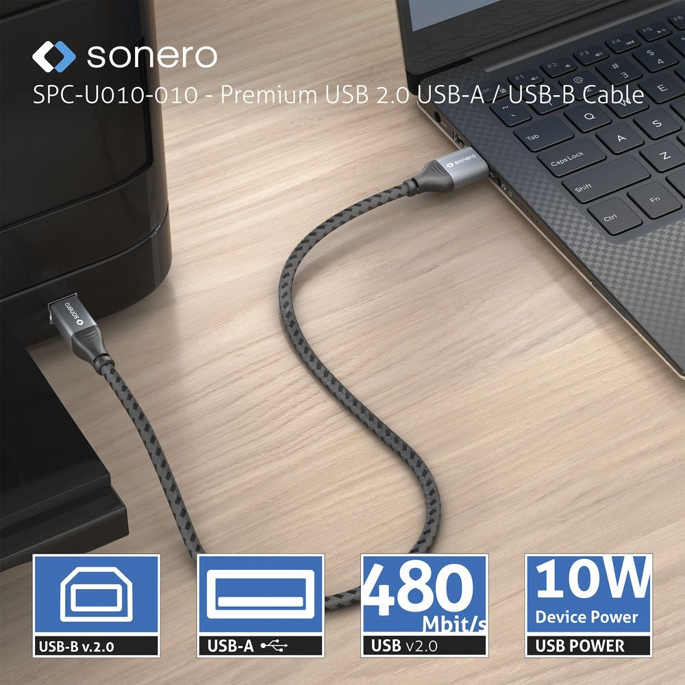 Sonero – USB-Kabel – USB-A auf USB-B – USB 2.0 (480 Mbit/s) – 0,5 m – Geflochtenes Nylon – Schwarz