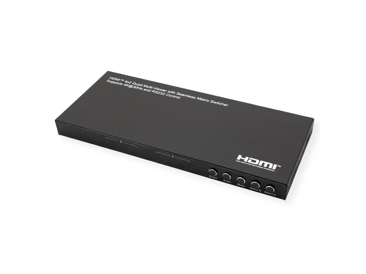 VALUE HDMI Matrix 4×2, 4K@30 Hz, Quad Multi-Viewer, HDCP 1.4, RS-232/IR, Toslink/Stereo, Schwarz