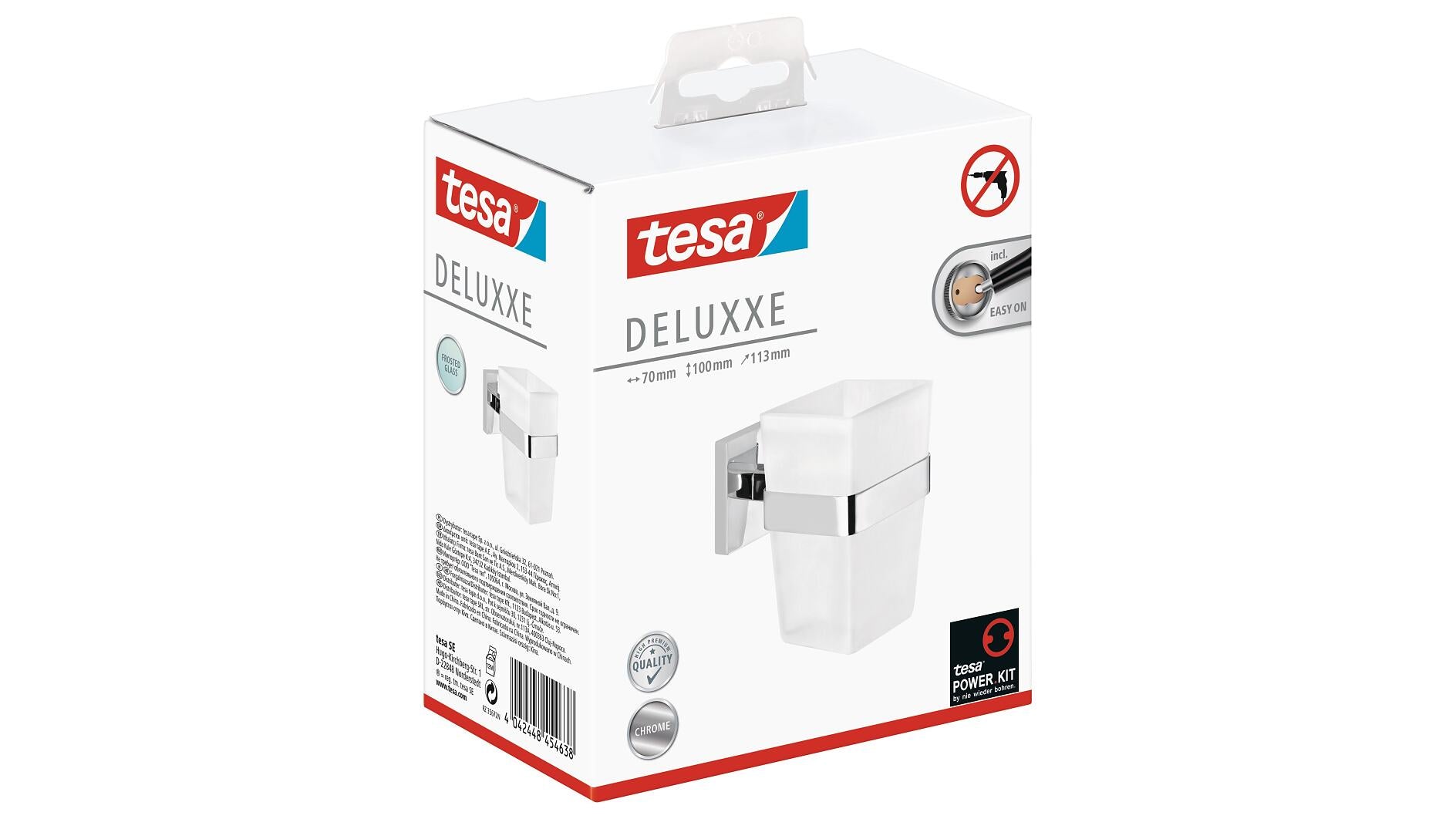 TESA DELUXXE Zahnputzbecher – Wandmontage – 7 cm Breite – Chrom/Weiss – Glas/Metall