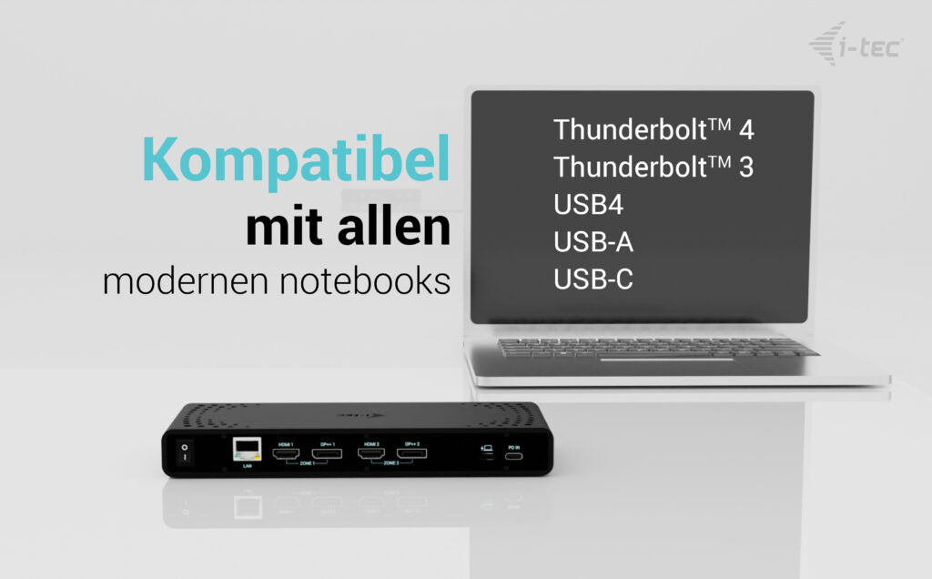 i-tec Uni Dual 4K Dockingstation – USB-C, 2× DP, 2× HDMI, 4× USB-A, 85 W PD, GbE, für Windows/Mac/ChromeOS