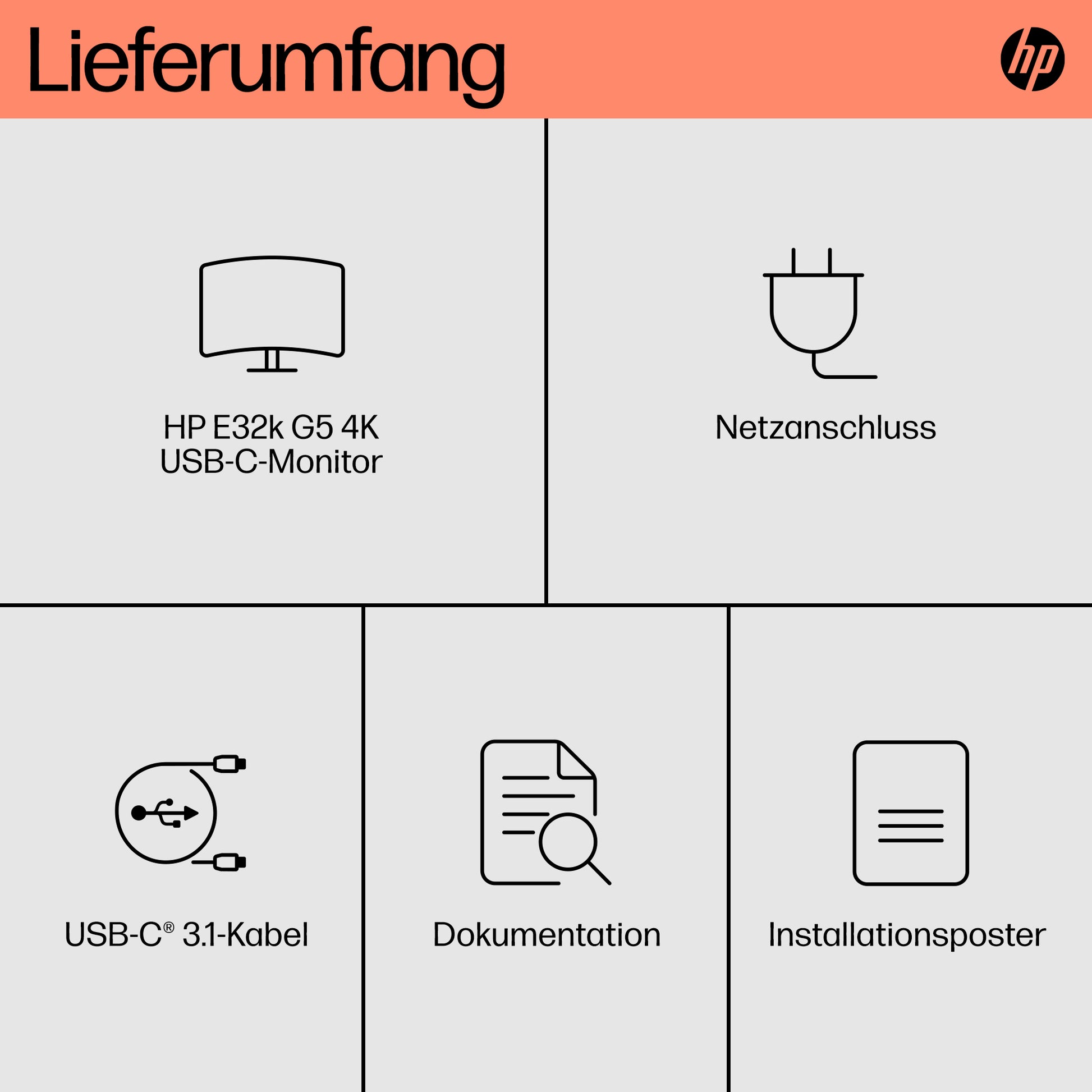 HP E32K G5 – Monitor, 31,5", 3840 × 2160 (UHD 4K), IPS, 60 Hz, 350 cd/m², USB-C, VESA 100 × 100, Schwarz