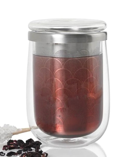 AdHoc Tee-Set Fusion Glass – 400 ml, Ø 7 cm, H 13,5 cm, Glas/Edelstahl, doppelwandig, mit Teefilter