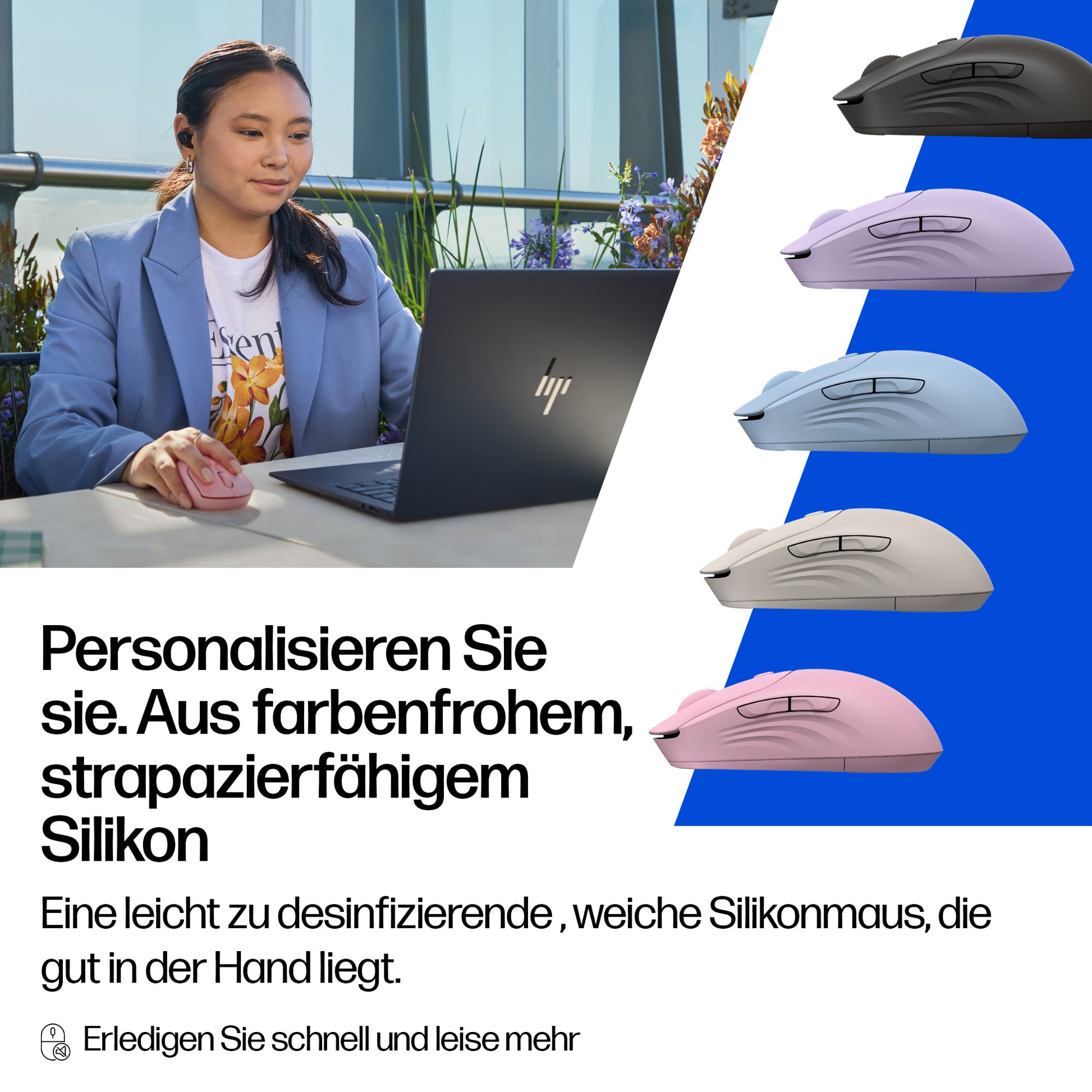 HP 400 Quiet Blue – Maus – Kabellos (Bluetooth/2,4 GHz), 6000 DPI, beidhändig, Blau