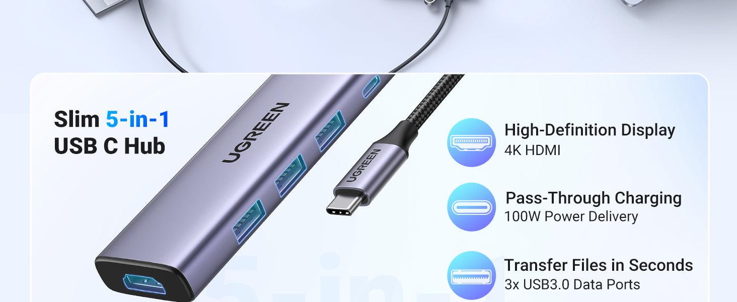 Ugreen 20956A Multiport-Adapter – USB-C, 1× HDMI, 3× USB-A, SD/microSD, für Windows/Mac/Linux