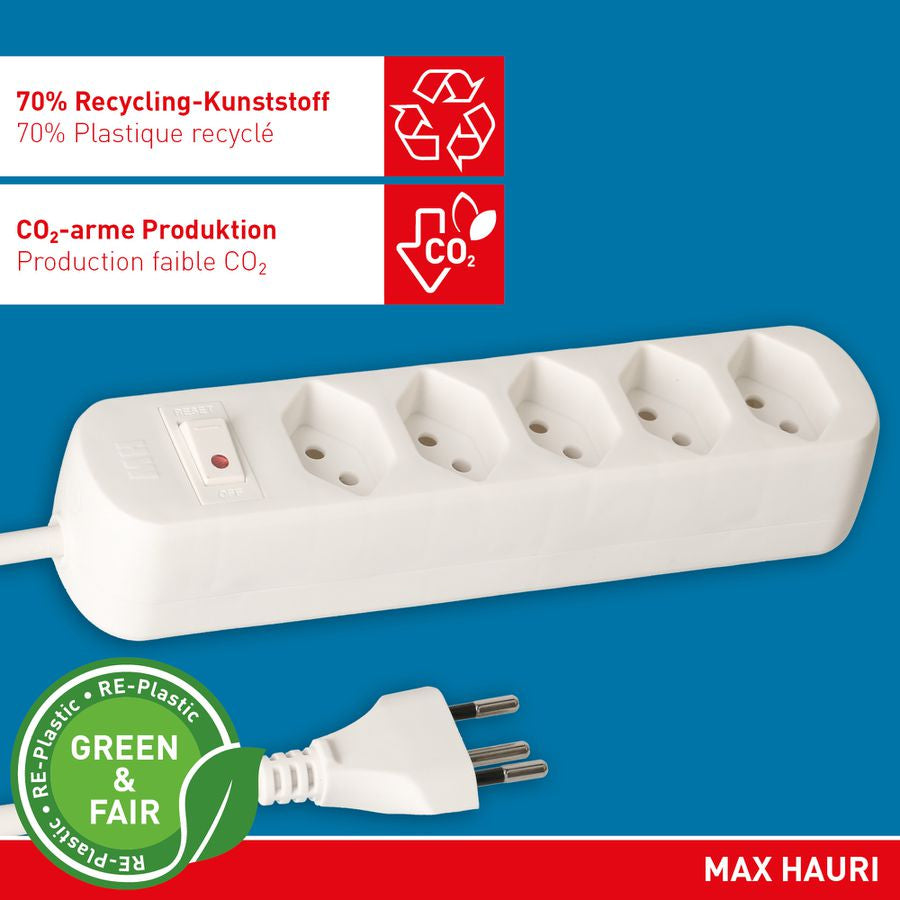 Max Hauri AG Max Hauri Basic Line Steckdosenleiste – 5× T13, 1,5 m, mit Schalter, Weiss