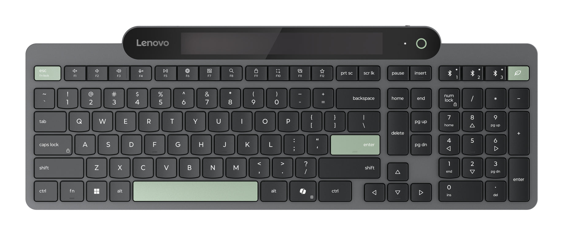 Lenovo Tastatur – Membran – Bluetooth 5,1 – USB-C – QWERTY (US-INT) – Solar, Multi-Device – Schwarz/Grün
