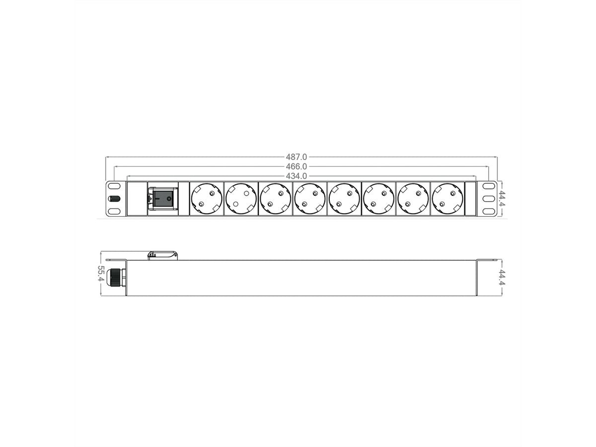ROLINE Rack-PDU – 1U, 8× Schuko (Typ E/F), 2 m, mit Schalter, 250 V/16 A, schwarz