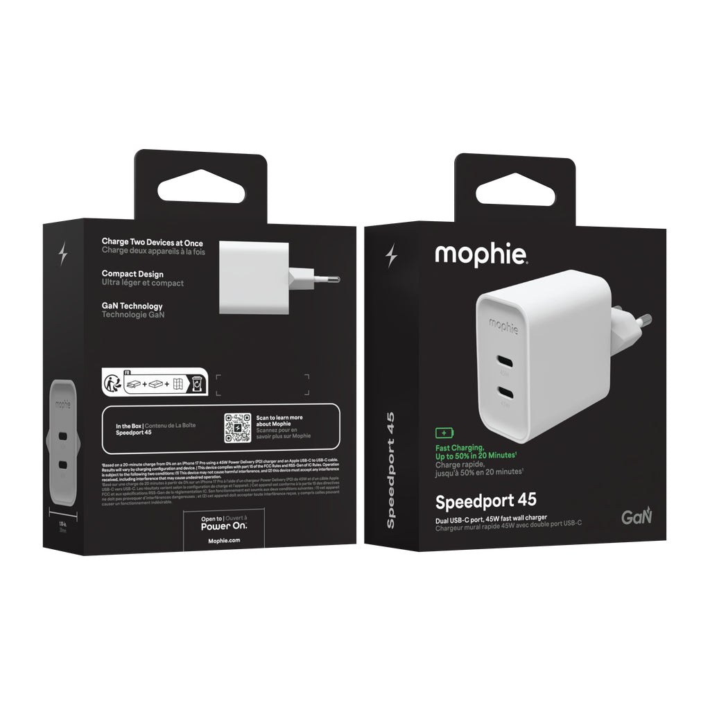 mophie Speedport 45 USB-Ladegerät 45 W – USB-C×2 – PD, GaN, EU-Stecker (Typ C)