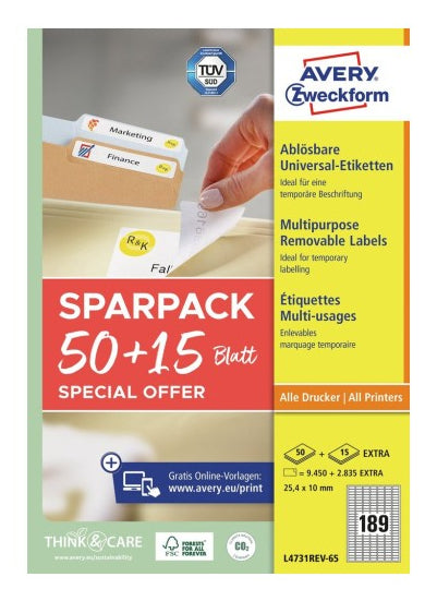 Avery L4731REV-65 – Etiketten A4 25 × 10 mm – Papier – wiederablösbar – 65 Blätter (12.285 Stk.)