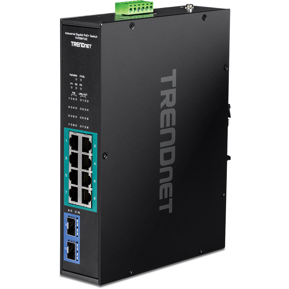 Trendnet TI-PGM102 – Industrieschalter – 8× 1G, 2× SFP, PoE+, PoE-Budget 240 W, Hutschiene