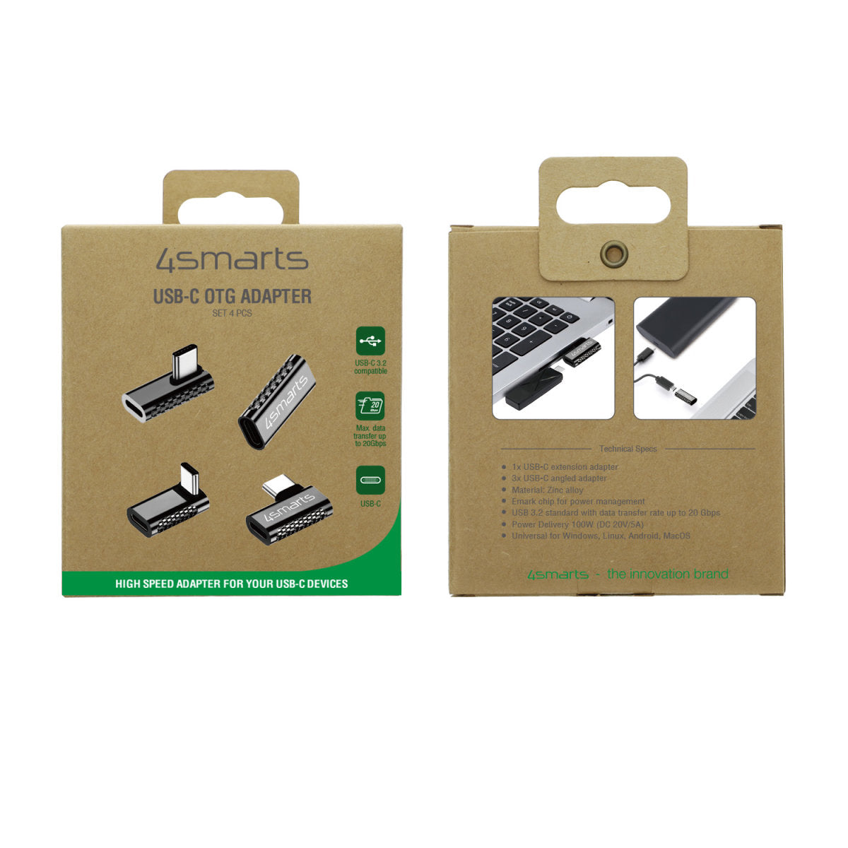 4smarts USB-Adapter USB-C auf USB-C – USB 3.2 Gen 2x2 (20 Gbit/s) – Abgewinkelt – Silber – 4er-Set