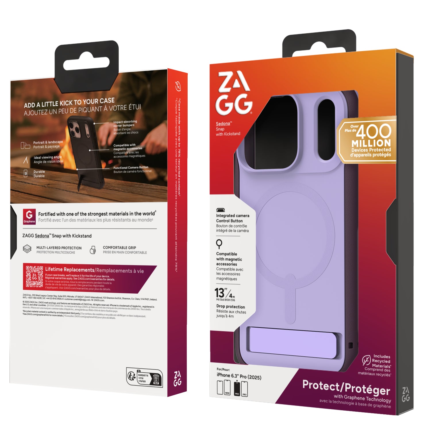 ZAGG Sedona Snap – Backcover – für Apple iPhone 17 Pro, mit Ständer, Graphen, Violett, bis 4 m Sturzsicher