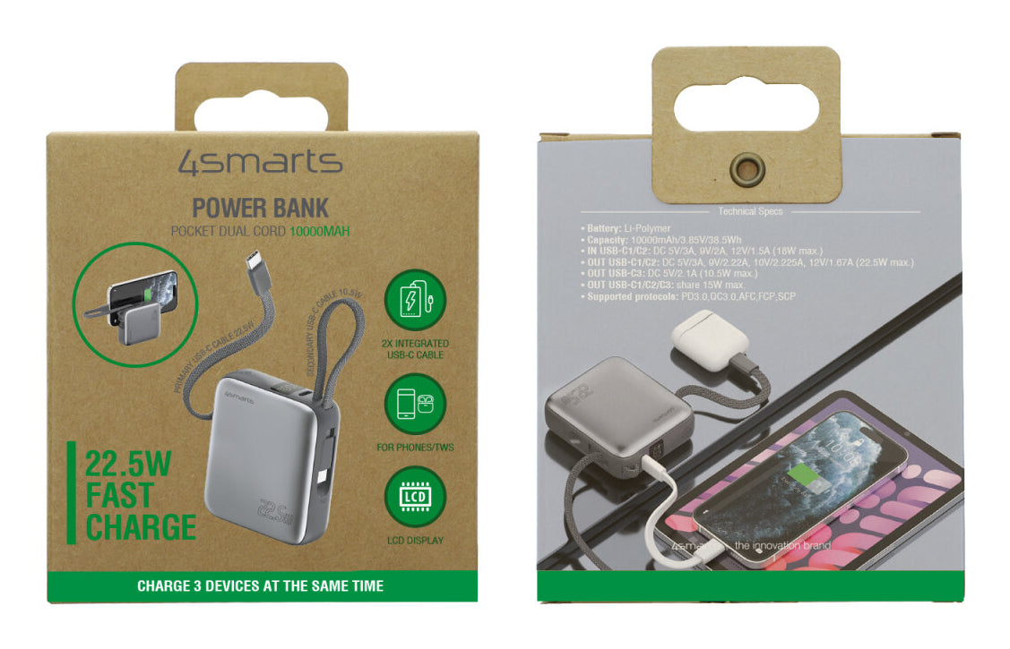 4smarts Powerbank 10000 mAh, PD 22,5 W, mit integriertem Ladekabel, für Smartphones, grau