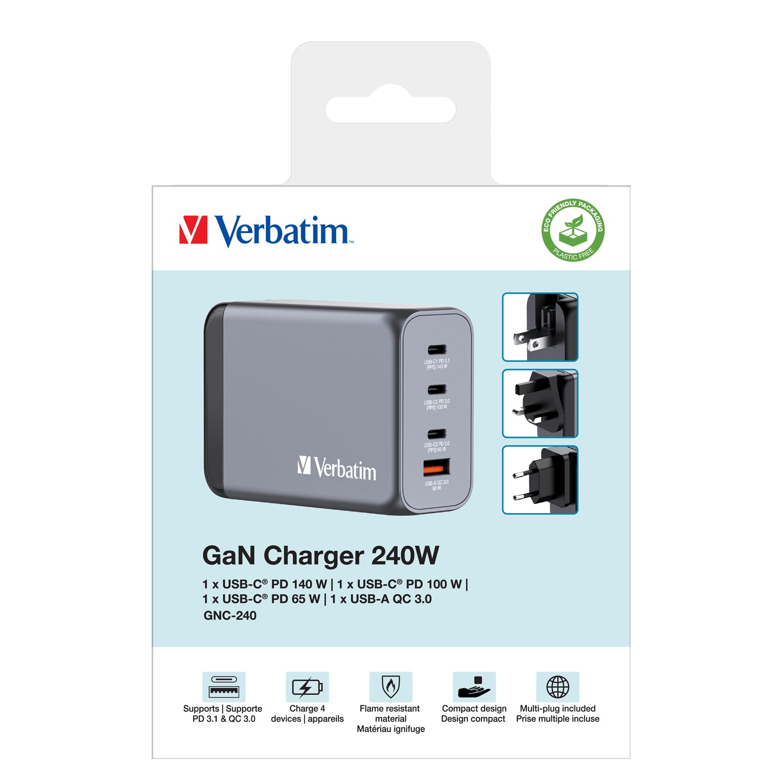 Verbatim GNC-240 Netzteil (EU/UK/US) – 240 W, 1× USB-C + 1× USB-A, QC 3.0, GaN