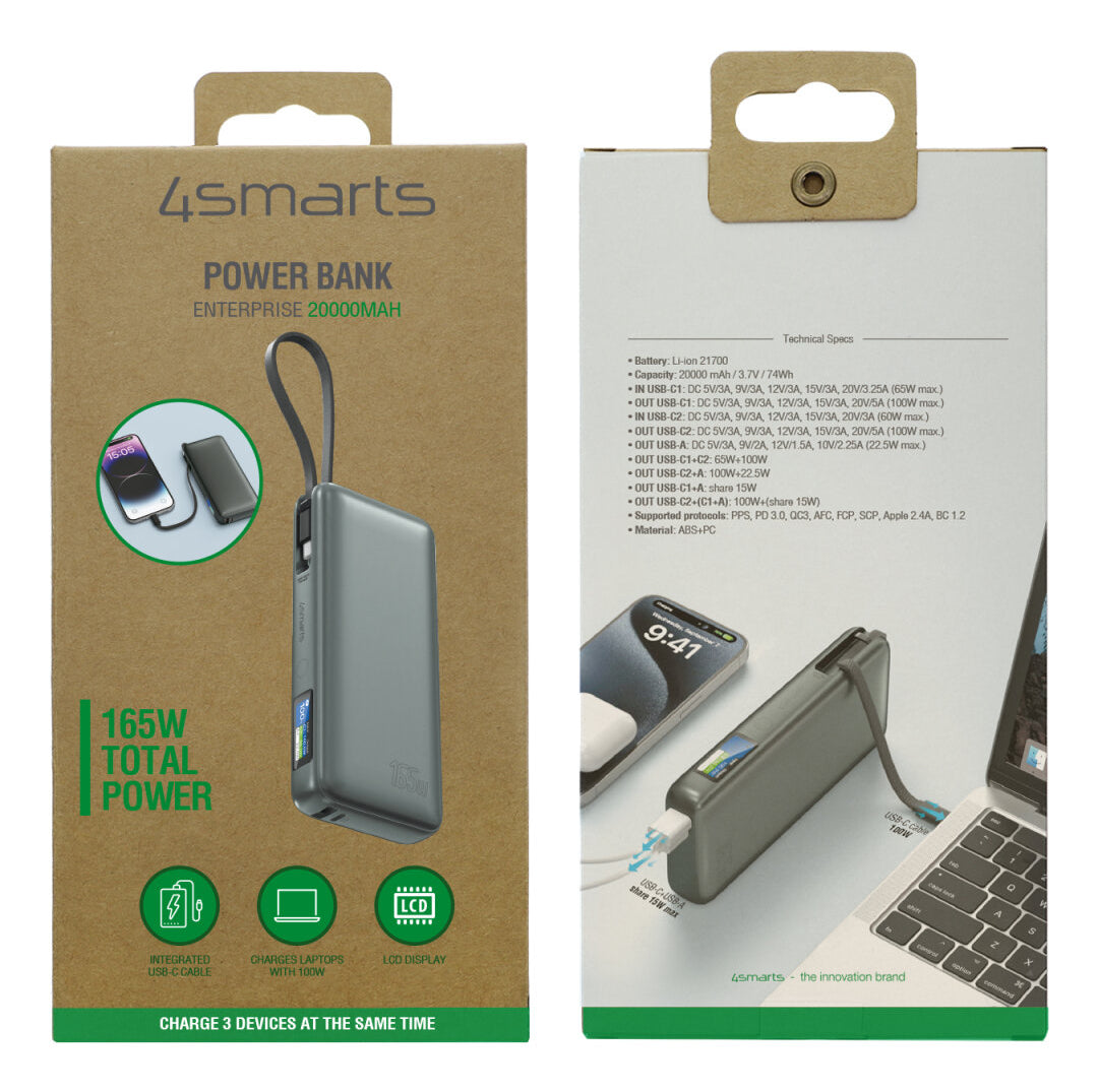 4smarts Powerbank 20000 mAh, PD 165 W, für Nintendo Switch, Laptop, Smartphone, Grau