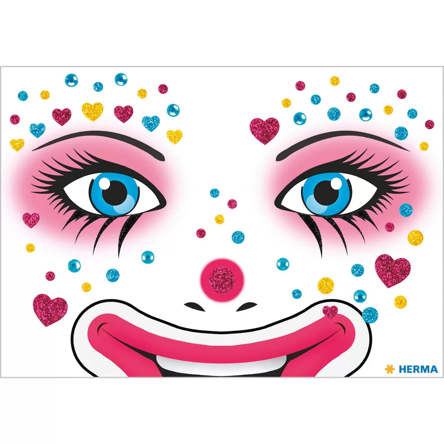HERMA Face-Art-Sticker aus Glitterfolie, mehrfarbig, Motiv Clown Annie, 127 × 91 mm, 1 Blatt, wiederablösbar