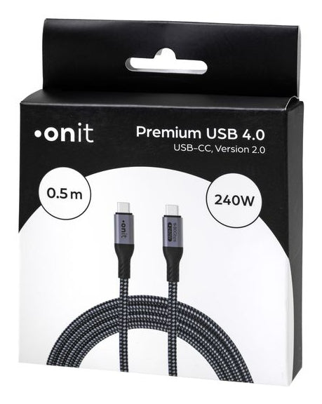 ONIT USB-C auf USB-C Kabel – USB4 80 Gbit/s – 0,5 m – PD 240 W – Textilmantel – Schwarz/Grau