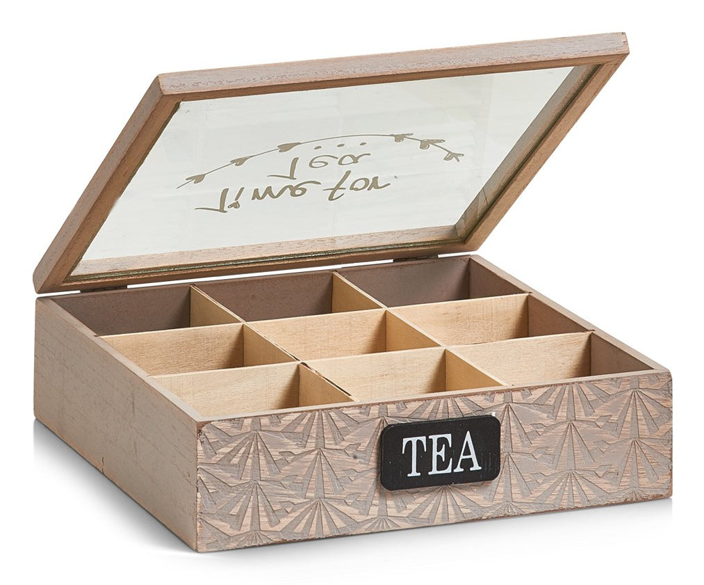 Zeller Present Teebeutelbox MDF/Paulownia-Holz/Glas, 9 Fächer, 24 × 24 × 8 cm, Braun
