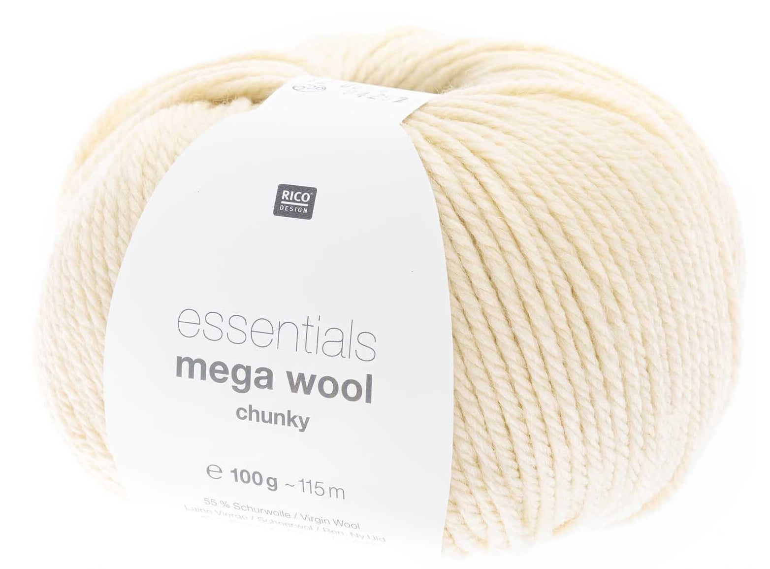 Rico Design Essentials Mega Wool Chunky Wolle Elfenbein – 100 g, 125 m, Nadel 6 mm, 55% Schurwolle/45% Polyacryl