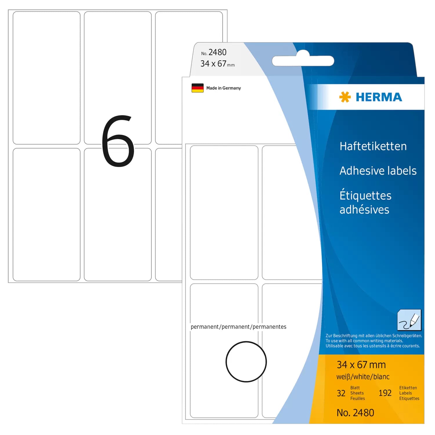HERMA Schuletiketten – 34 × 67 mm, Abgerundete Ecken, 192 Stk, 32 Bogen, Papier, Stark Haftend