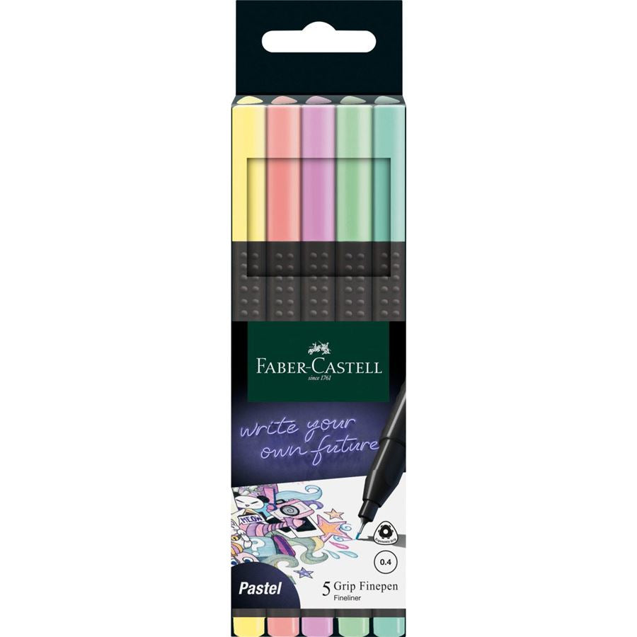 Faber-Castell Finepen Grip Fineliner – 5 Stk., 0,4 mm, 5 Farben, abwaschbare Tinte