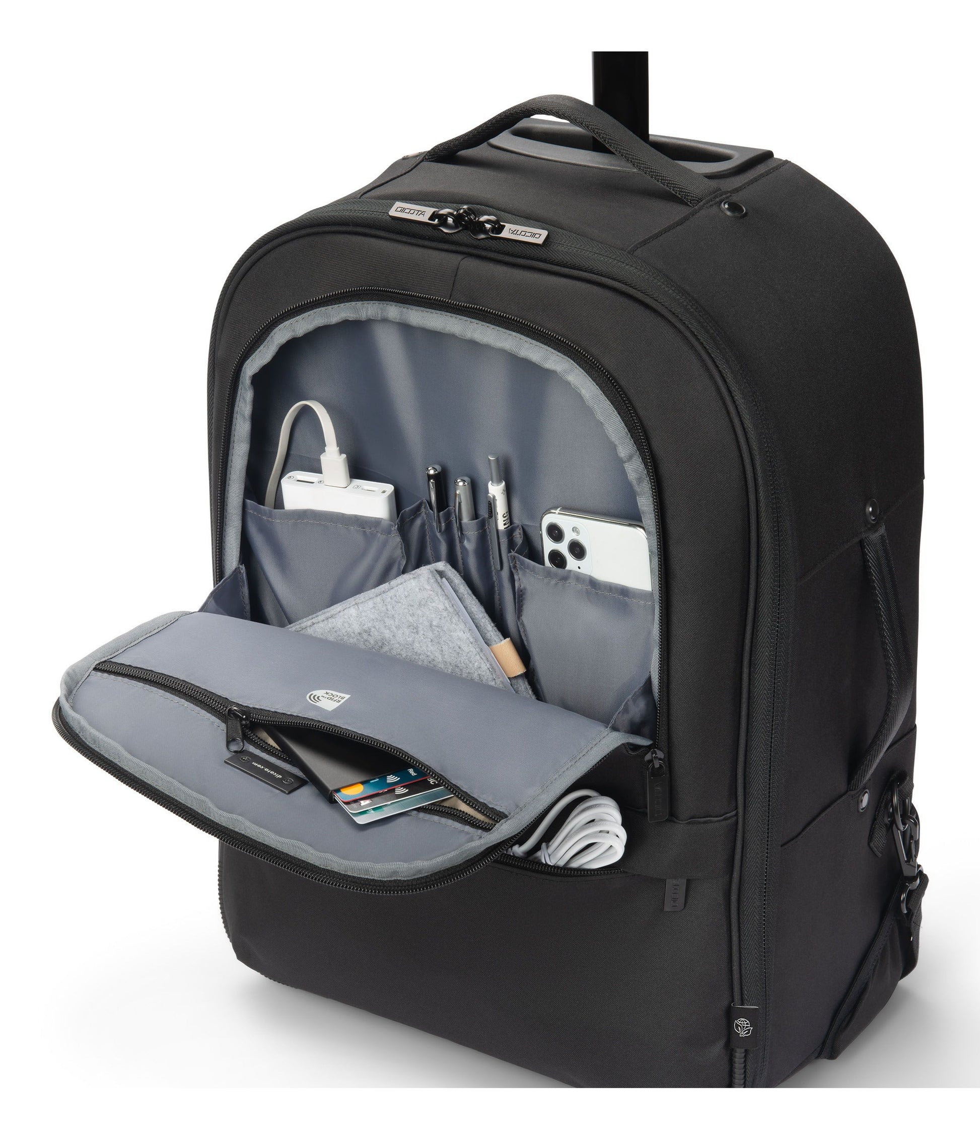 DICOTA Notebook-Rucksack bis 16" – mit Rollen, Teleskopgriff – Schwarz