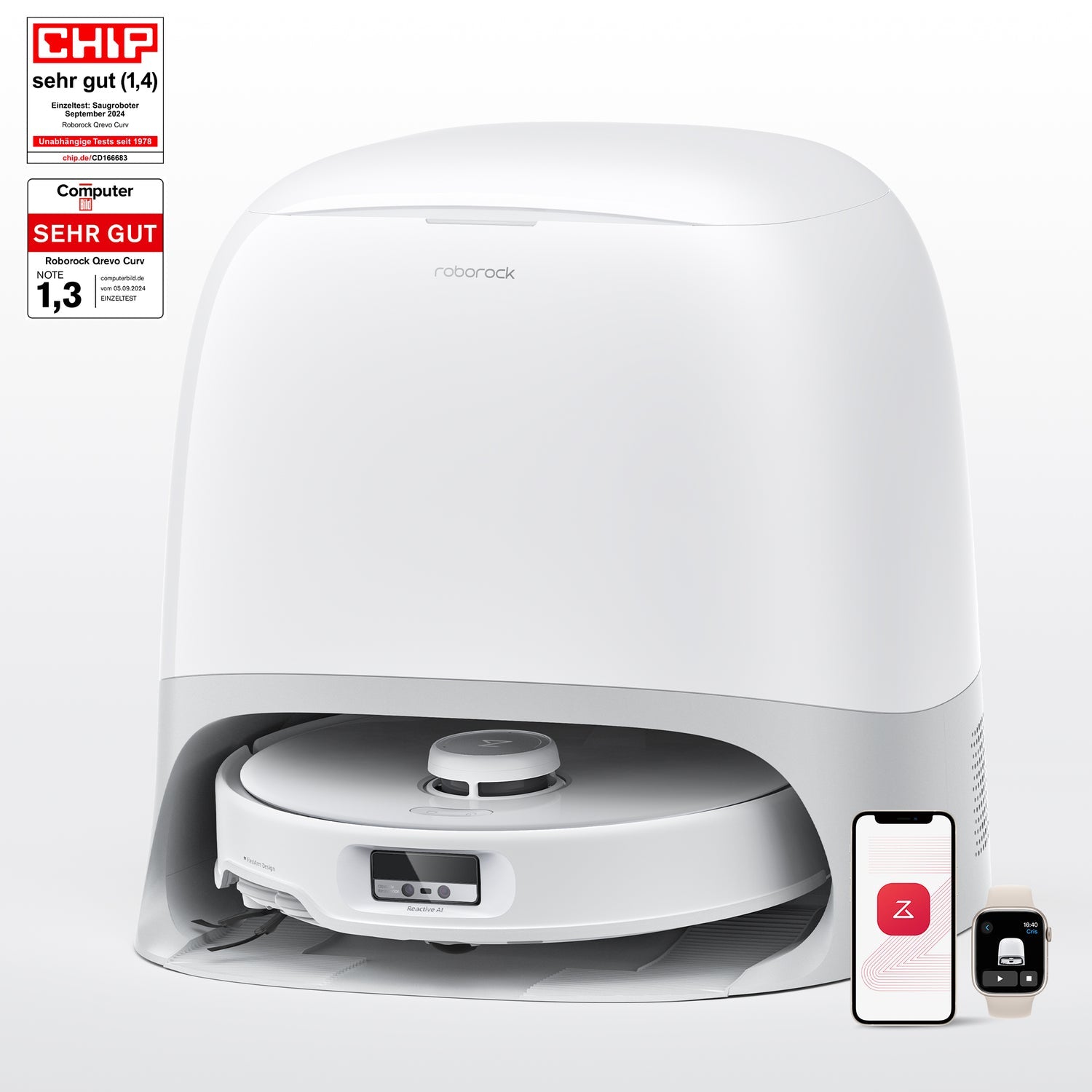 Roborock Saugroboter Qrevo Curv 5A1 – Max. Laufzeit 190 min, 2,7 l, Akkubetrieb, 34,7 × 35,2 × 10,3 cm