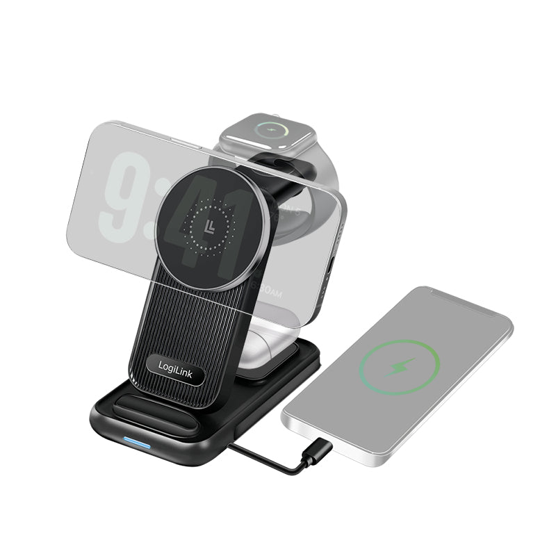 LogiLink PA0292 4-in-1 Ladeständer – MagSafe-kompatibel – 20,5 W – für iPhone/Apple Watch/AirPods – Schwarz