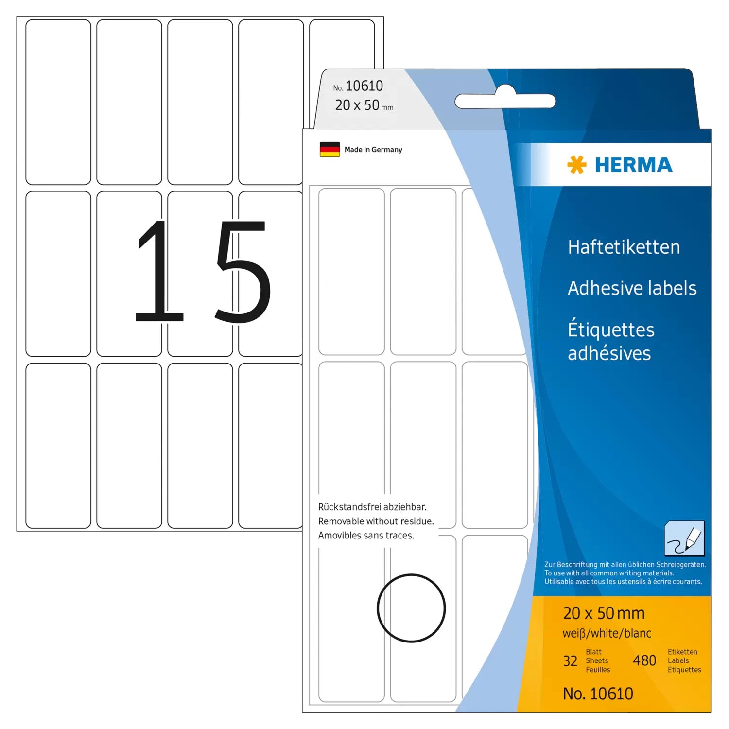 HERMA Schuletiketten – 20×50 mm, Abgerundete Ecken, 360 Stk, 24 Bogen, Ablösbar