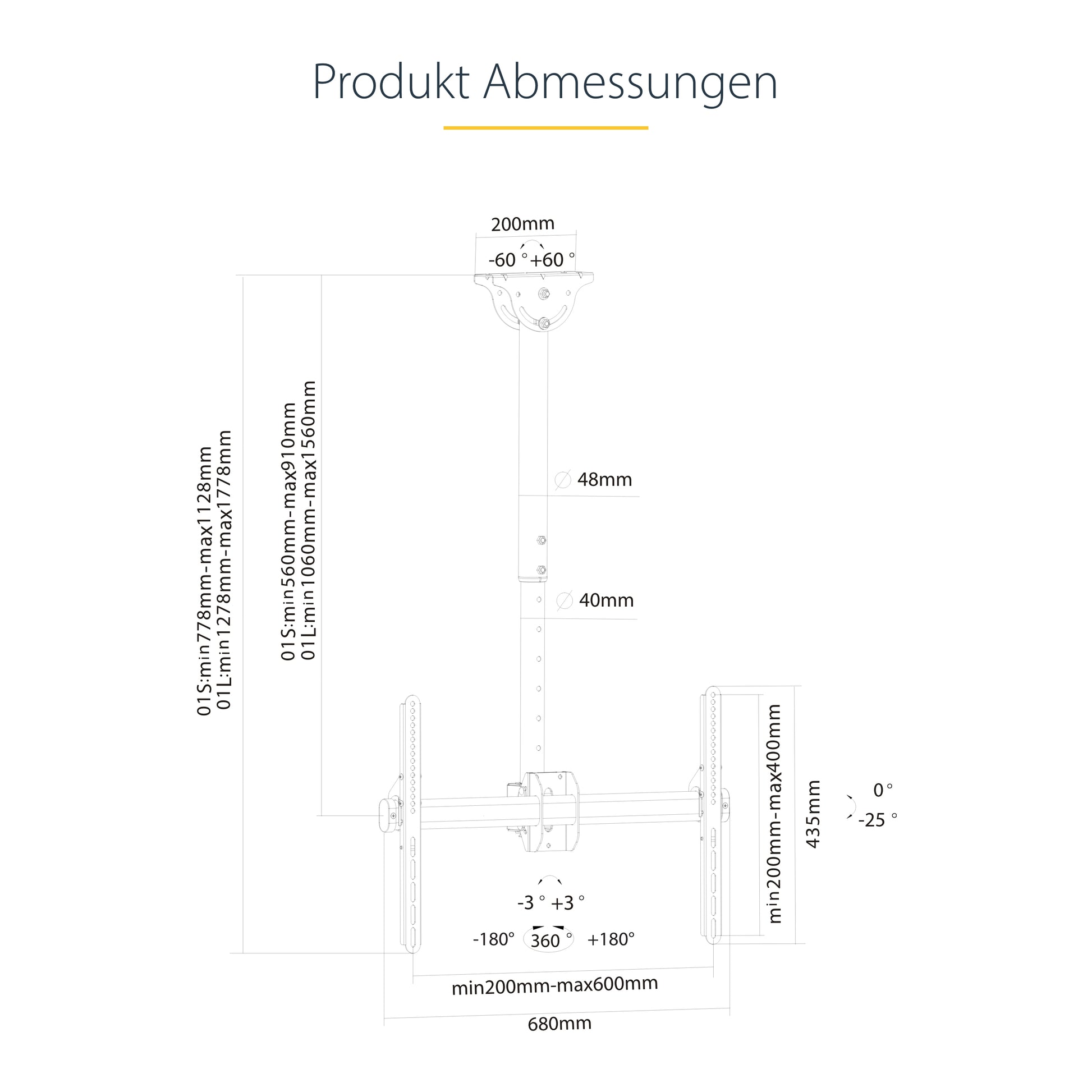 StarTech.com Deckenhalterung – 32–75" – VESA 200×200–600×400 – bis 50 kg, Teleskopmast – Schwarz