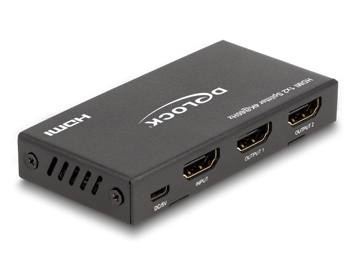 DeLOCK HDMI Splitter, 1× HDMI In / 2× HDMI Out, 4K@60 Hz, HDR, HDCP 1.4/2.2, Downscaler, Schwarz