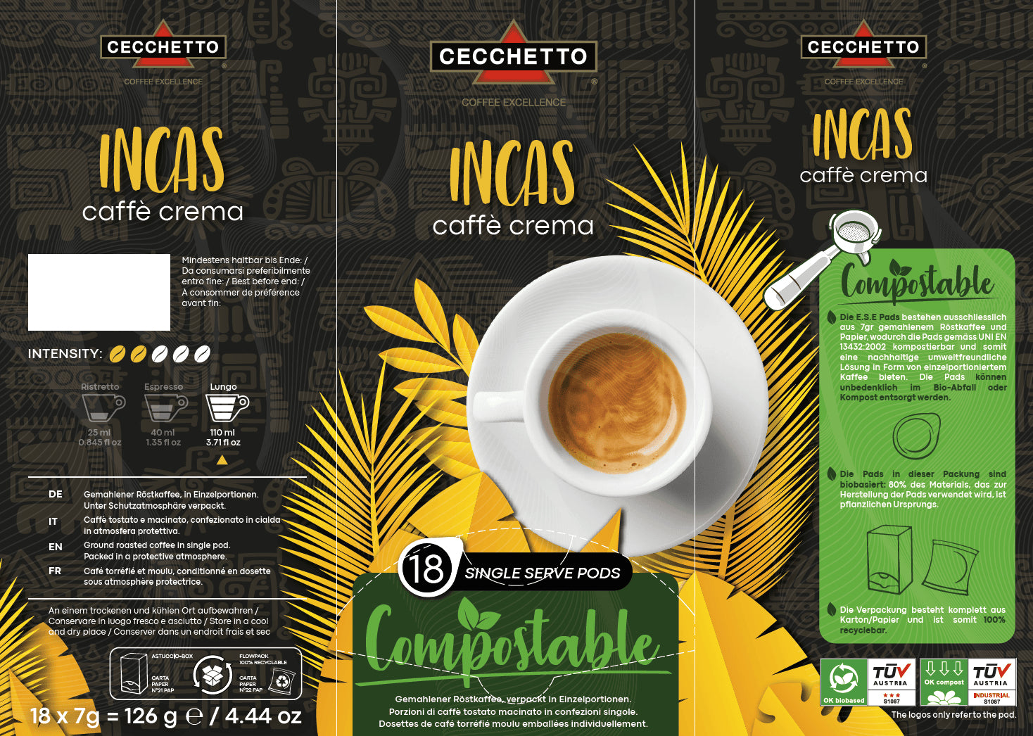 CECCHETTO Incas Caffè Crema – Kaffeepads für E.S.E. – Lungo, Intensität 2, 18 Pads