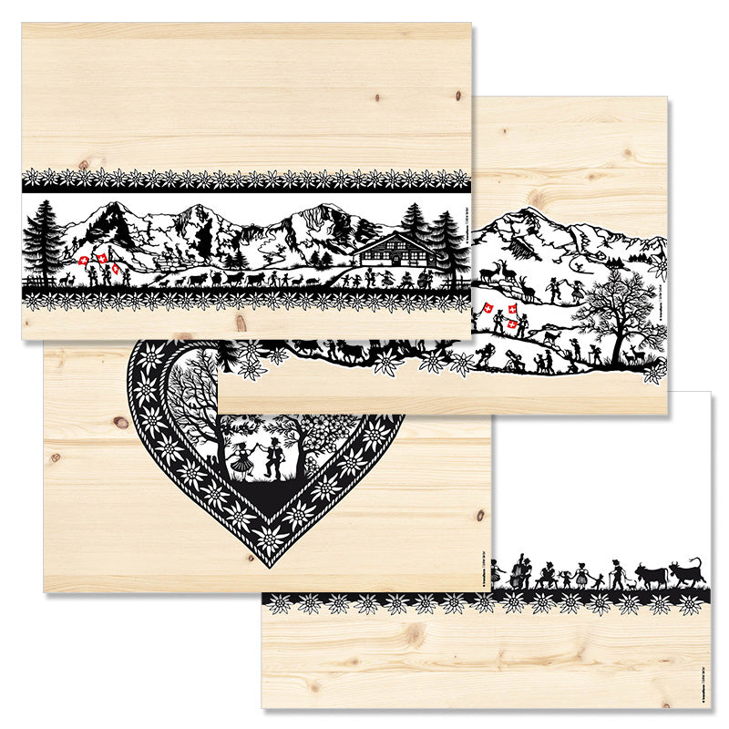Trendform Papiertischset Swiss Tradition, rechteckig – 29,7 × 42 cm, Scherenschnitt Landleben – FSC – 48 Stk.
