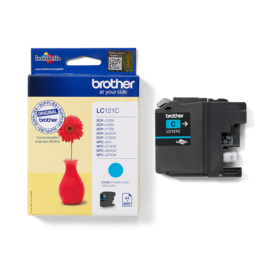 Brother LC121C Cyan Tintenpatrone (Original) – 300 Seiten – für DCP-J132W/152W/552DW, MFC-J470DW/650DW