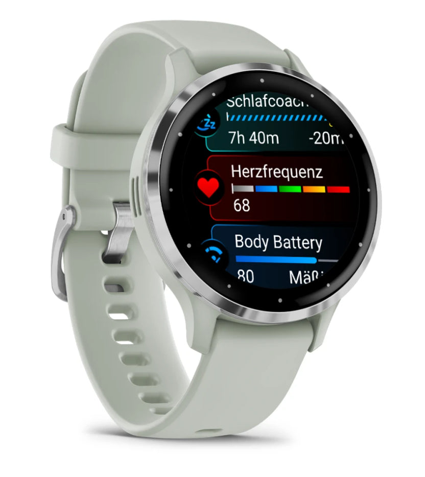 Garmin Venu 3S – Smartwatch – 41 mm, 1,2", GPS, WLAN, AMOLED, Gorilla Glass, 50 m, Salbeigrau/Silber