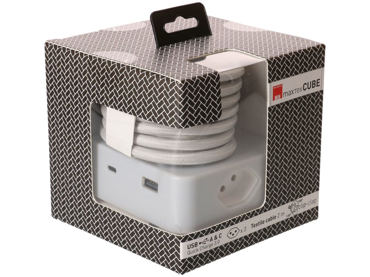 maxTEX Cube Steckdosenleiste – 3× T13, USB‑A/C, 2 m, ohne Schalter, grau/weiss