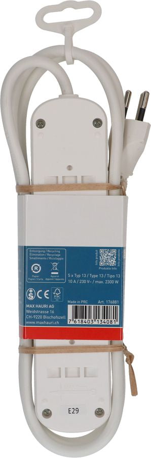 Max Hauri AG Max Hauri Basic Line Steckdosenleiste – 5× T13, 1,5 m, mit Schalter, Weiss