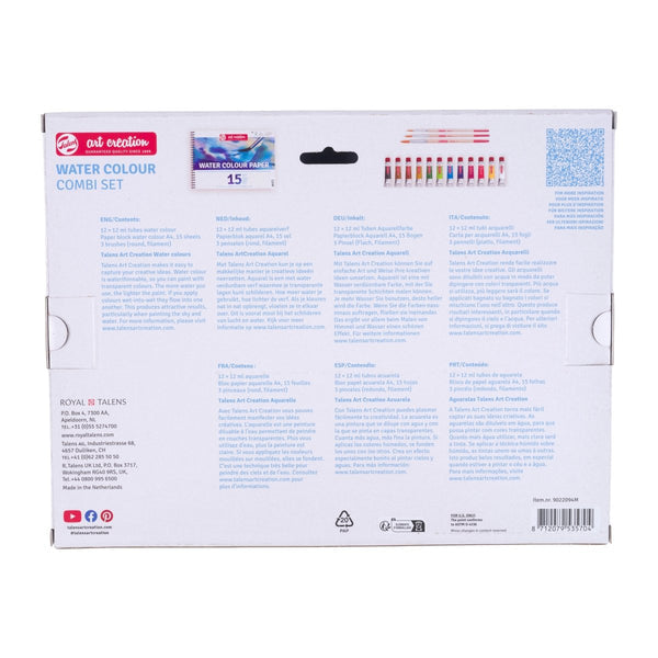 Talens Art Creation – Aquarell-Kombiset – Set – 12 Farben, 12 × 12 ml, mit 3 Pinseln & A4-Block
