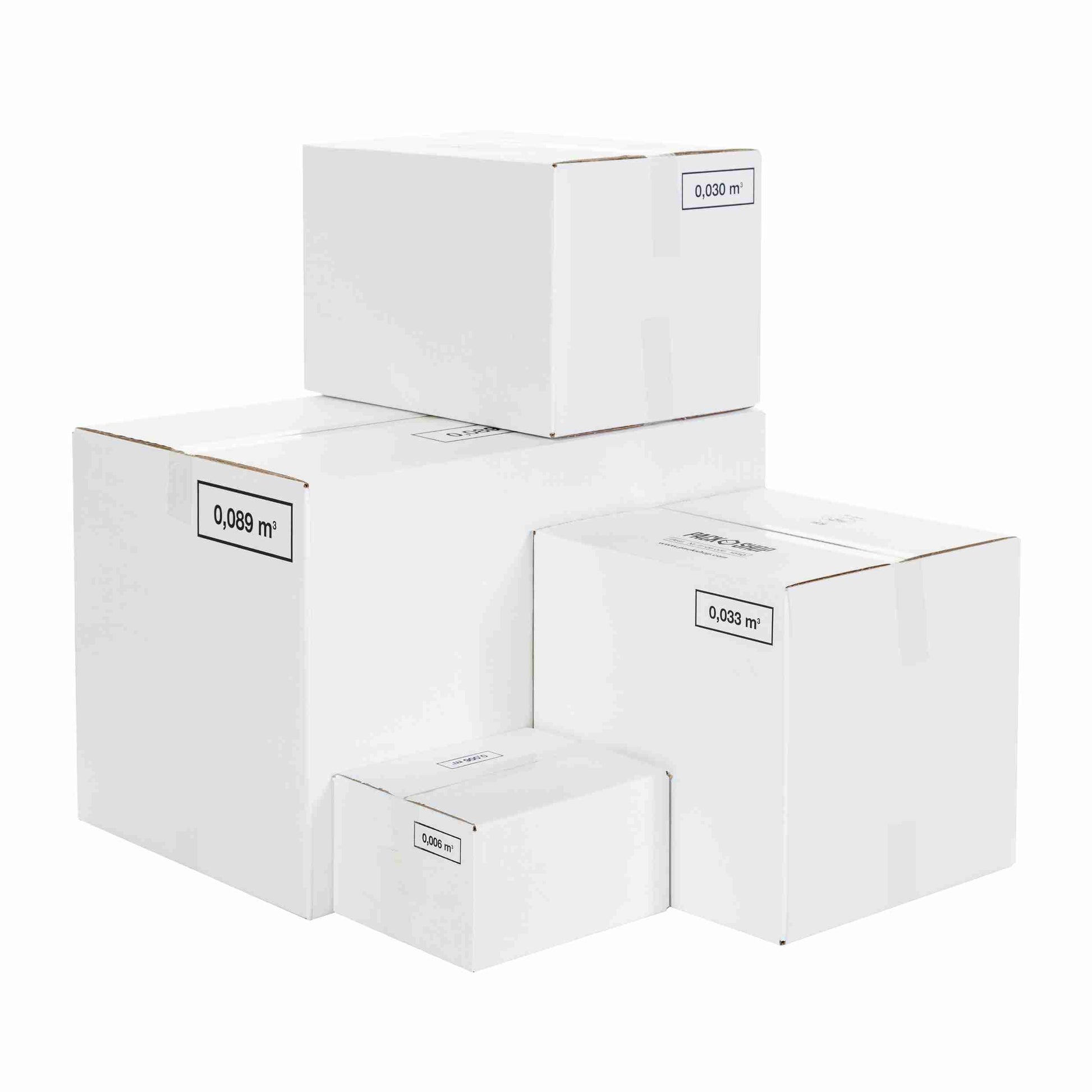 Model Versandbox – 387 × 282 × 250 mm, weiss, 1-wellig, selbstklebend – 1 Palette (800 Stk.)