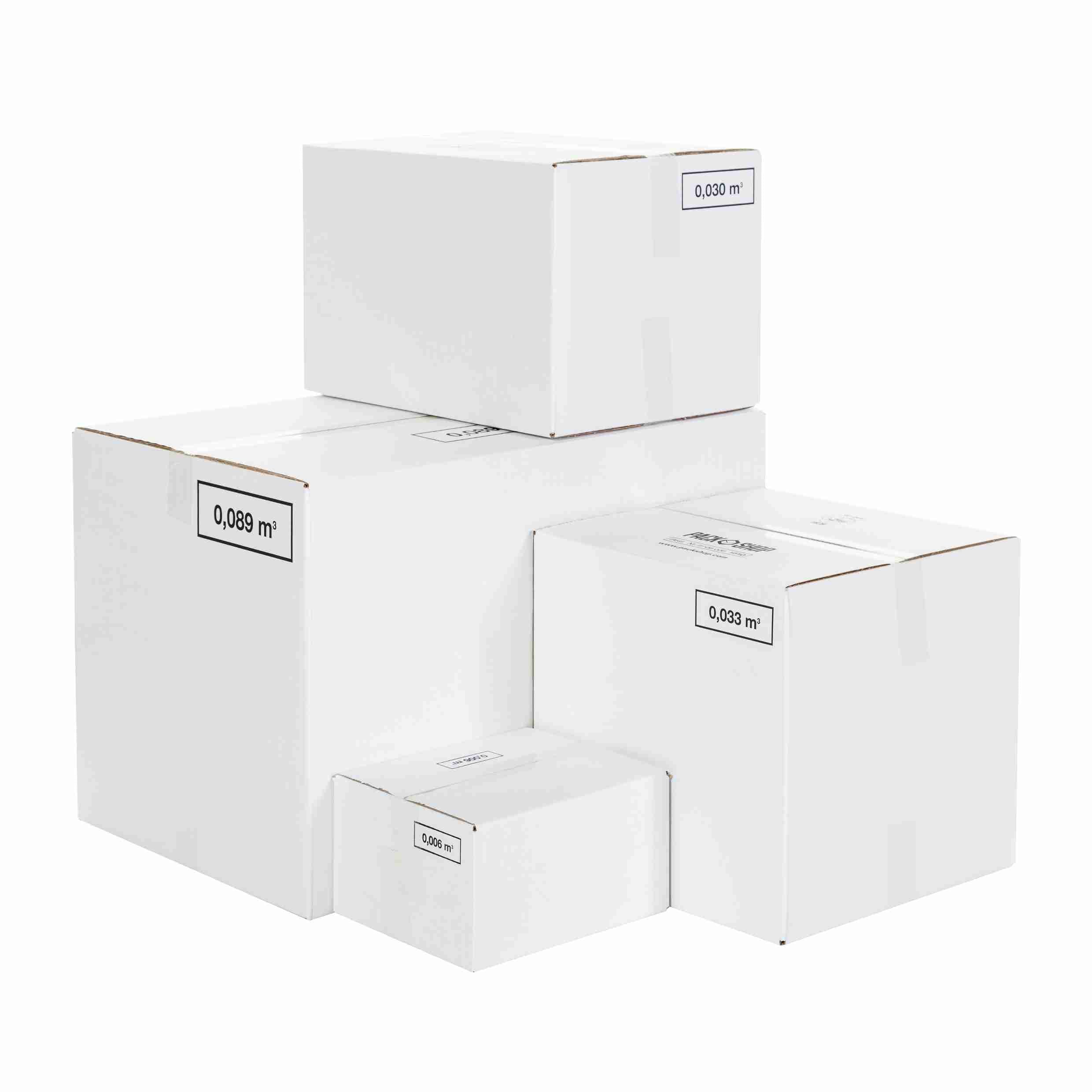 Model Versandbox – 387 × 282 × 250 mm, weiss, 1-wellig, selbstklebend – 1 Palette (800 Stk.)