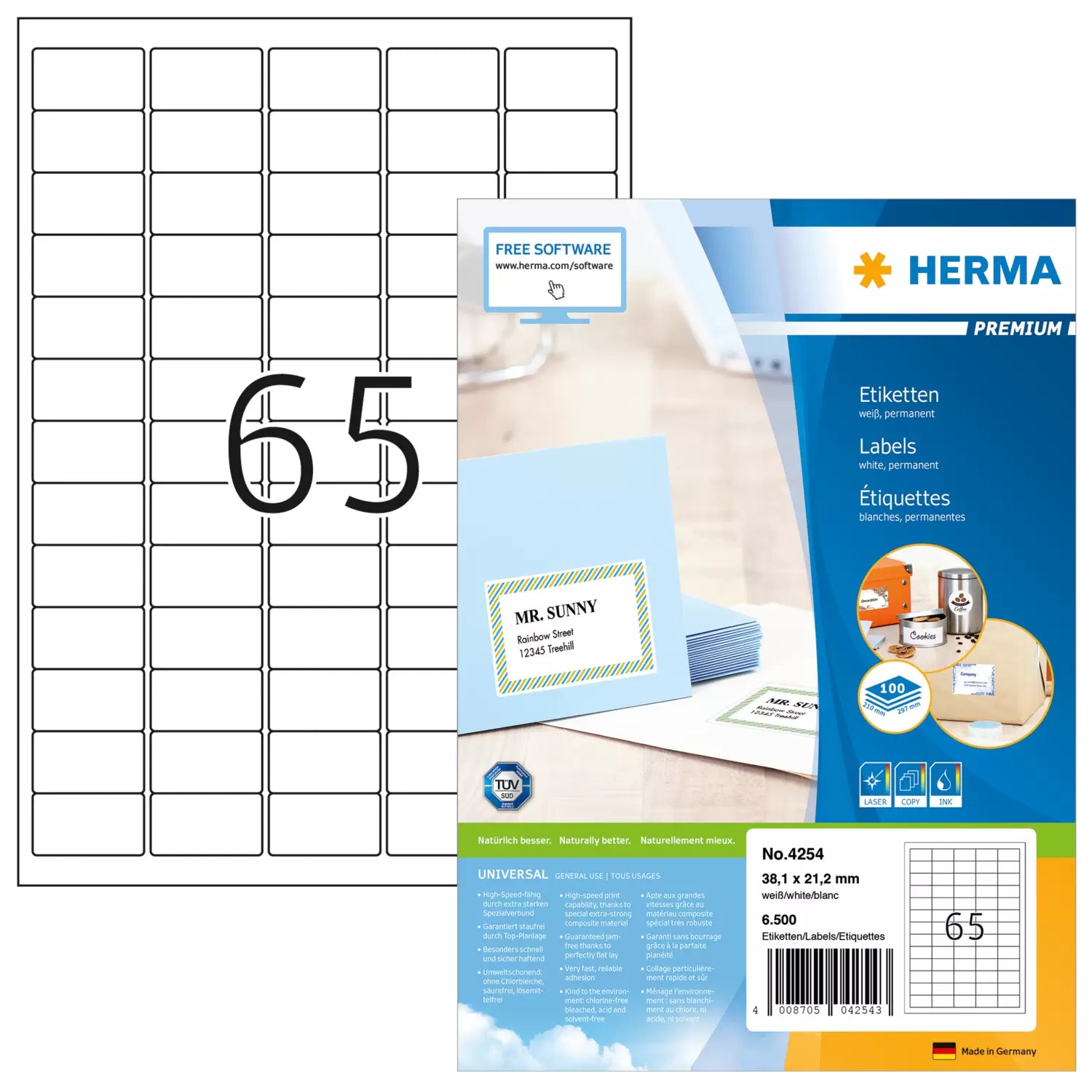 HERMA Adressetiketten, 38 mm × 21 mm, weiss, Papier, permanent, 100 Blätter (6'500 Etiketten)
