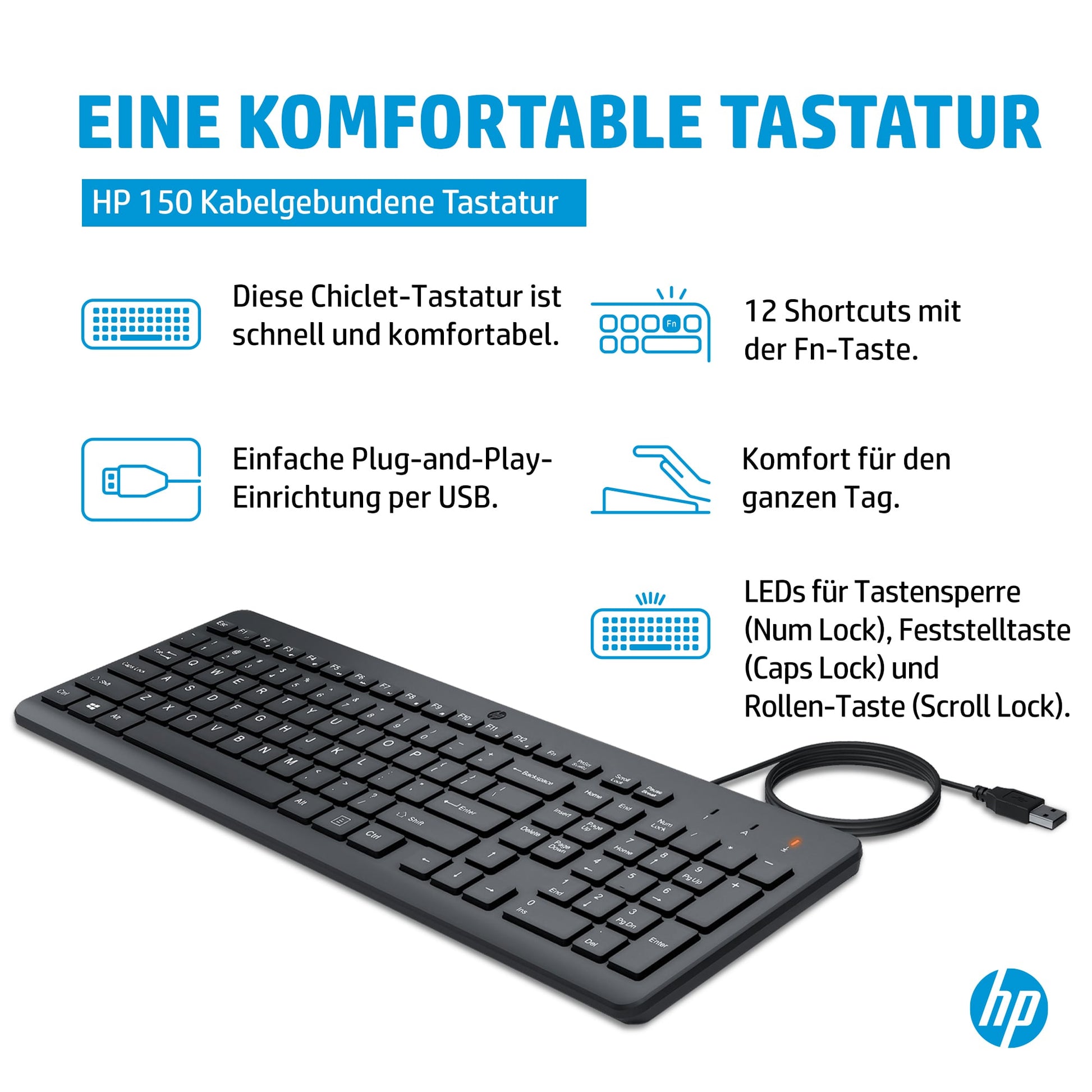 HP 150 – Tastatur – mechanisch – kabelgebunden, USB-A – QWERTY (NL) – Schwarz