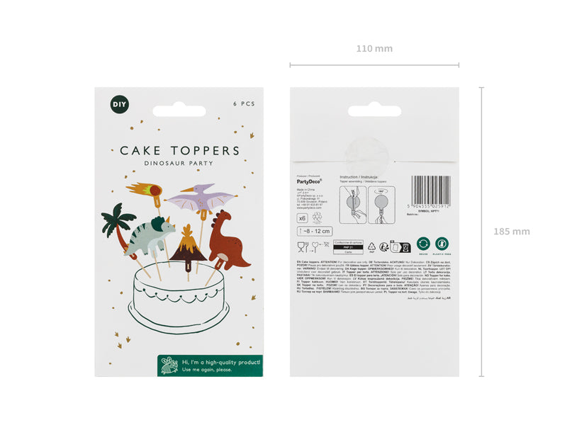 PartyDeco Caketopper Dinosaurier – mehrfarbig – 12 cm – 6 Stk