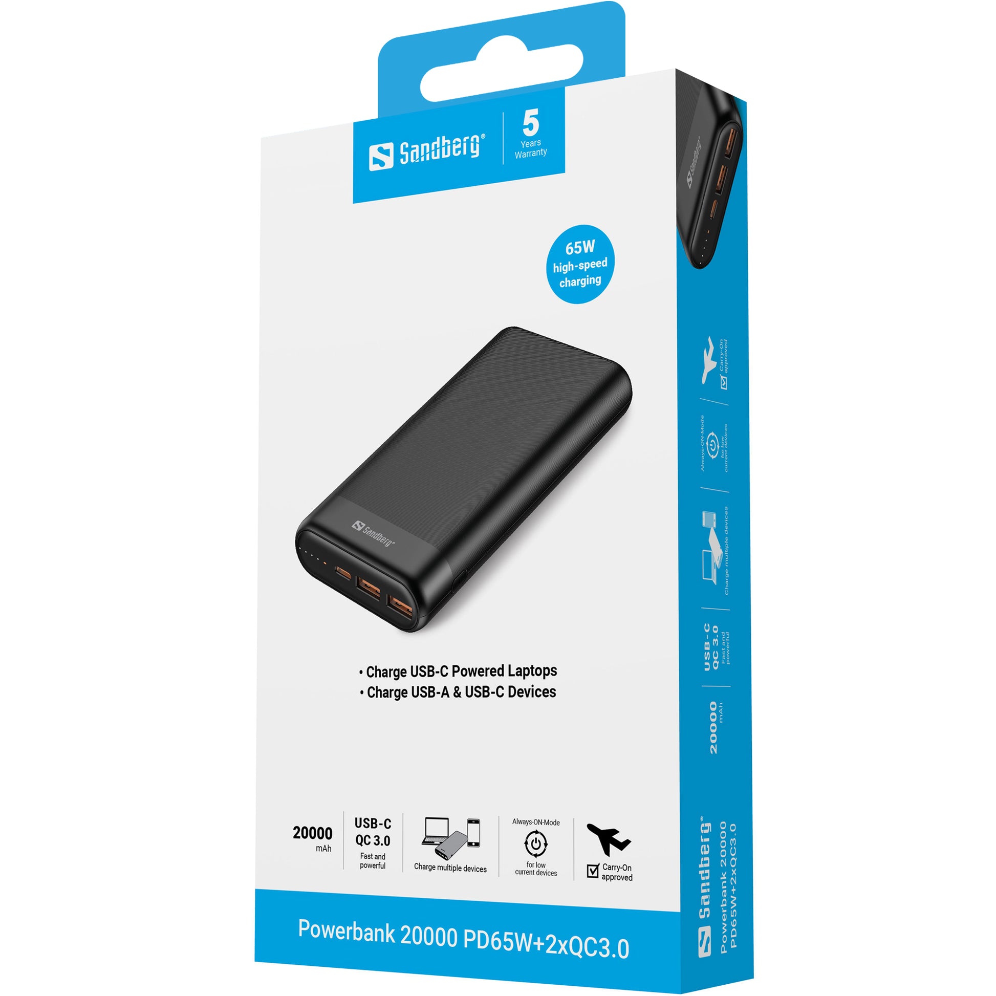 Sandberg Powerbank 20000 mAh, PD 65 W, für Smartphones, Schwarz