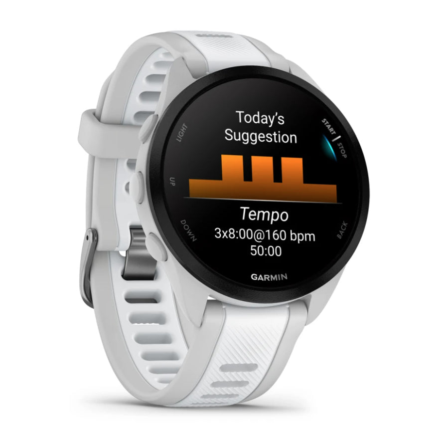 Garmin Forerunner 165 – GPS-Smartwatch – 43 mm, 1,2", GPS, AMOLED, 5 ATM, Hellgrau/Weiss, Sportarmband
