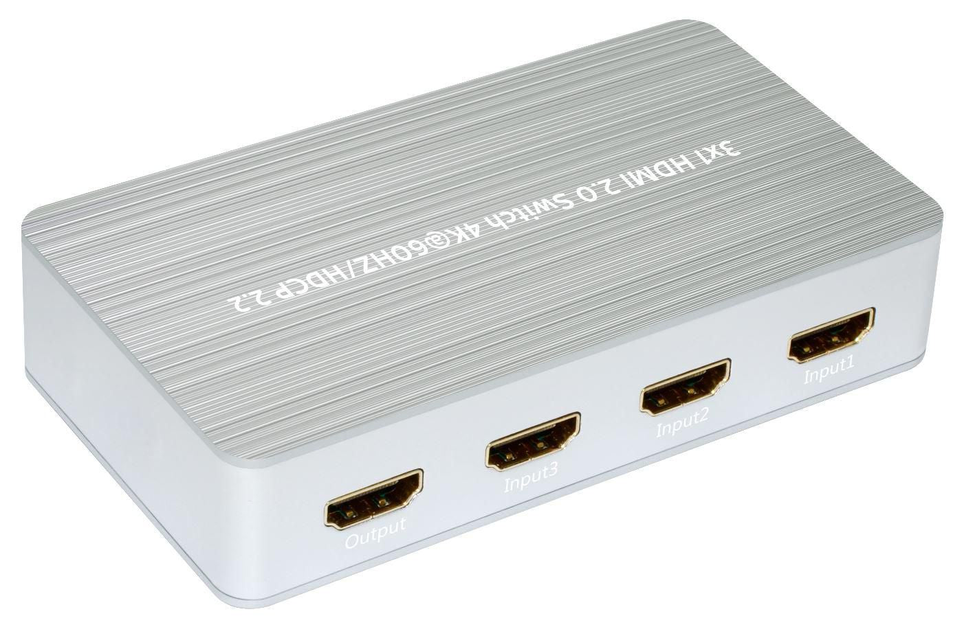 Microconnect HDMI Switch, 3×1, HDMI 2.0, 4K@60 Hz, HDCP 2.2, Fernbedienung, Aluminium