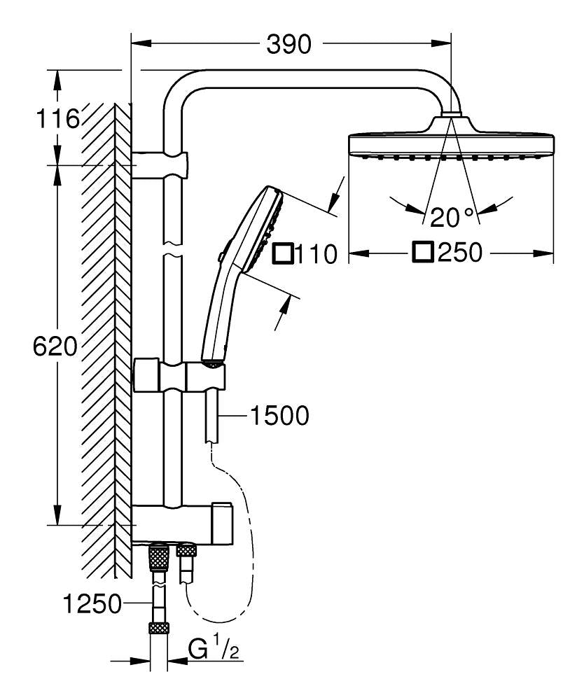GROHE Duschsystem Vitalio Comfort 250 Flex – Schlauchlänge 125 cm, Kunststoff, Ohne Mischer, Chrom